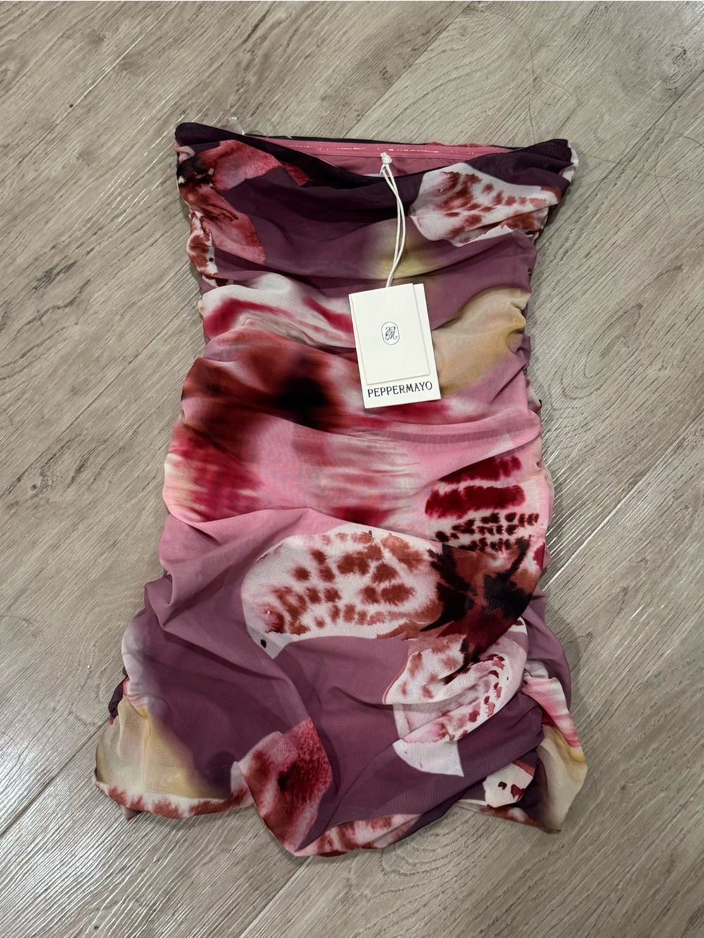 Peppermayo Strapless Floral Ruched Mini Dress- Pink & Purple-US 2